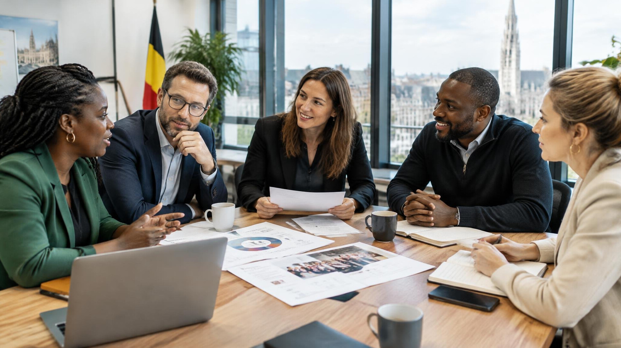 Diverse team of Belgian professionals discussing organizational culture around a table